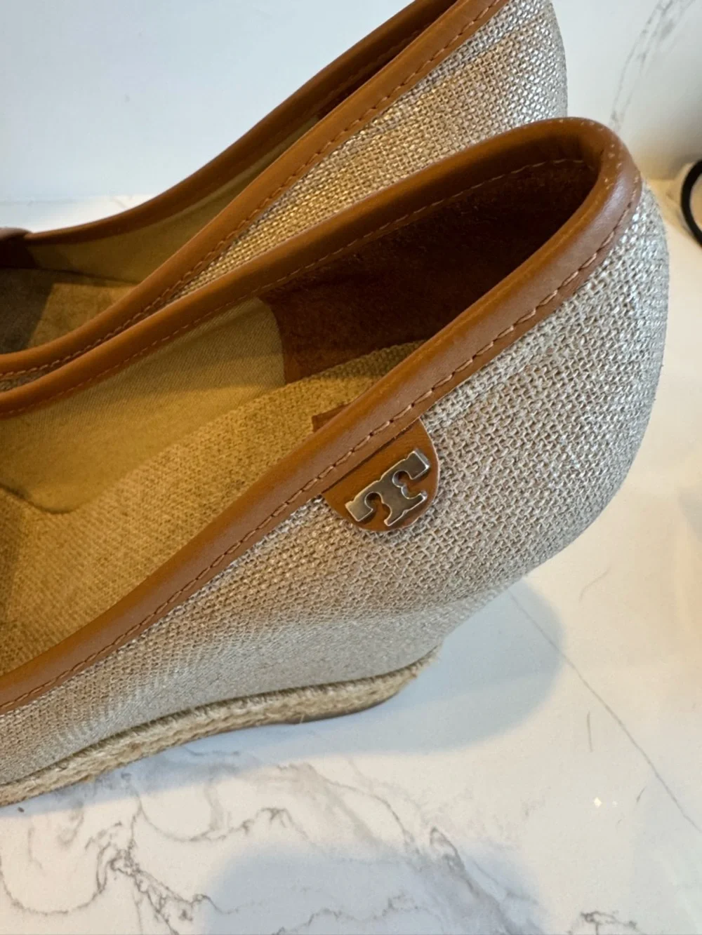Tory Burch Natural Canvas Espadrille Wedge with Tan Trim- Size 6 - Picture 4 of 6